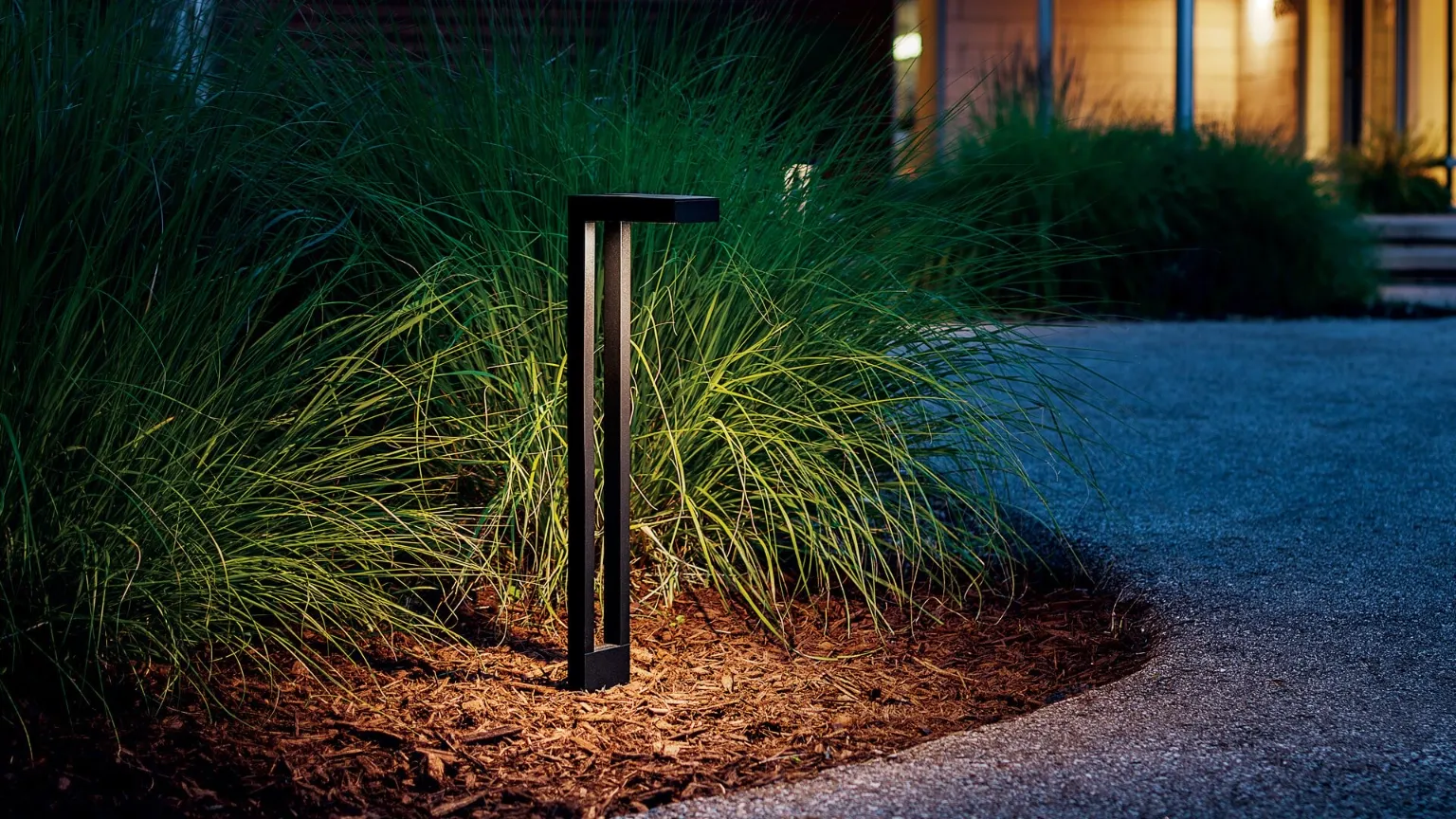 Modern shielded path light beside ornamental grasses at night