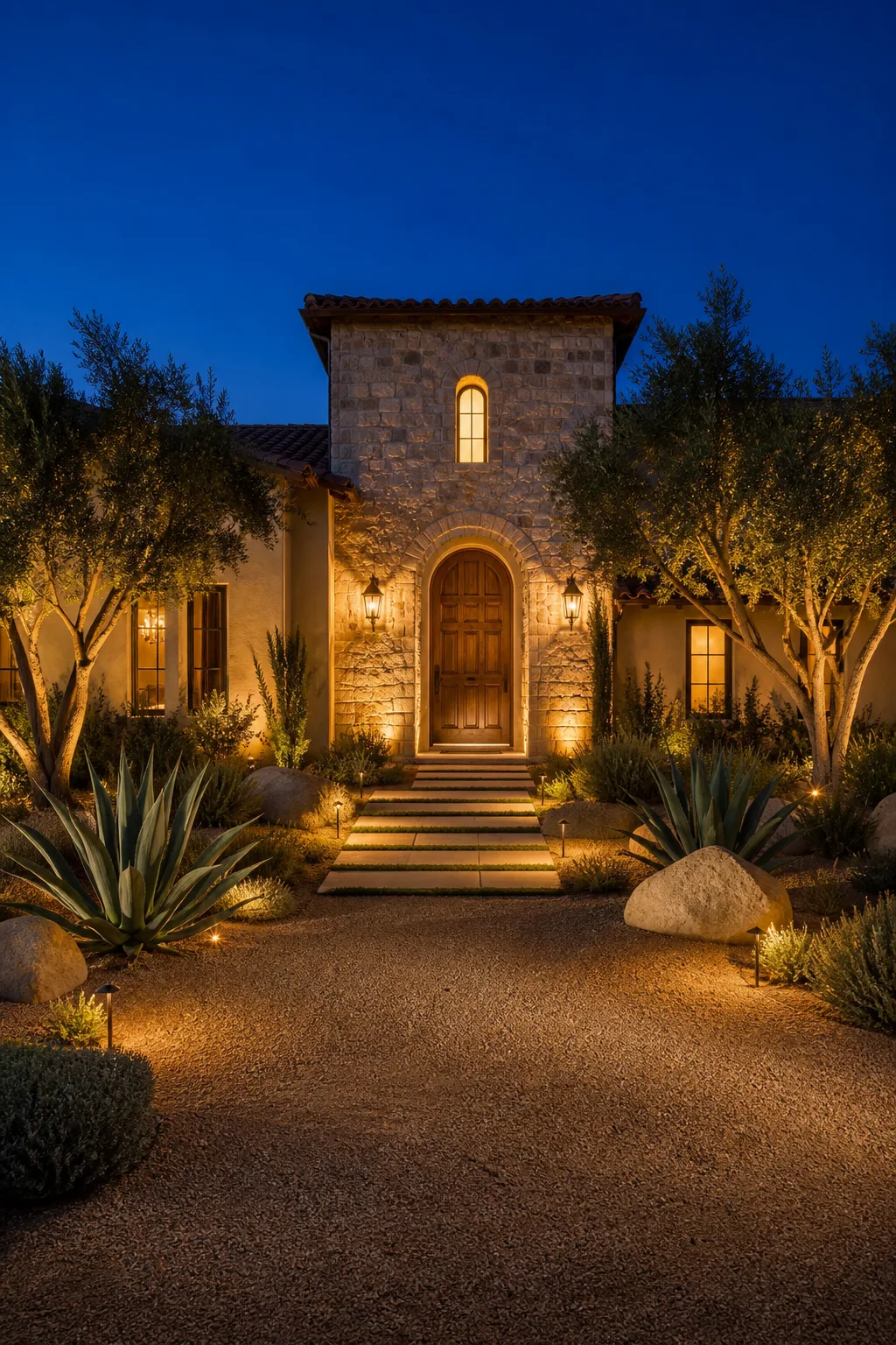 Stone entry steps and gravel drive lit by path lights
