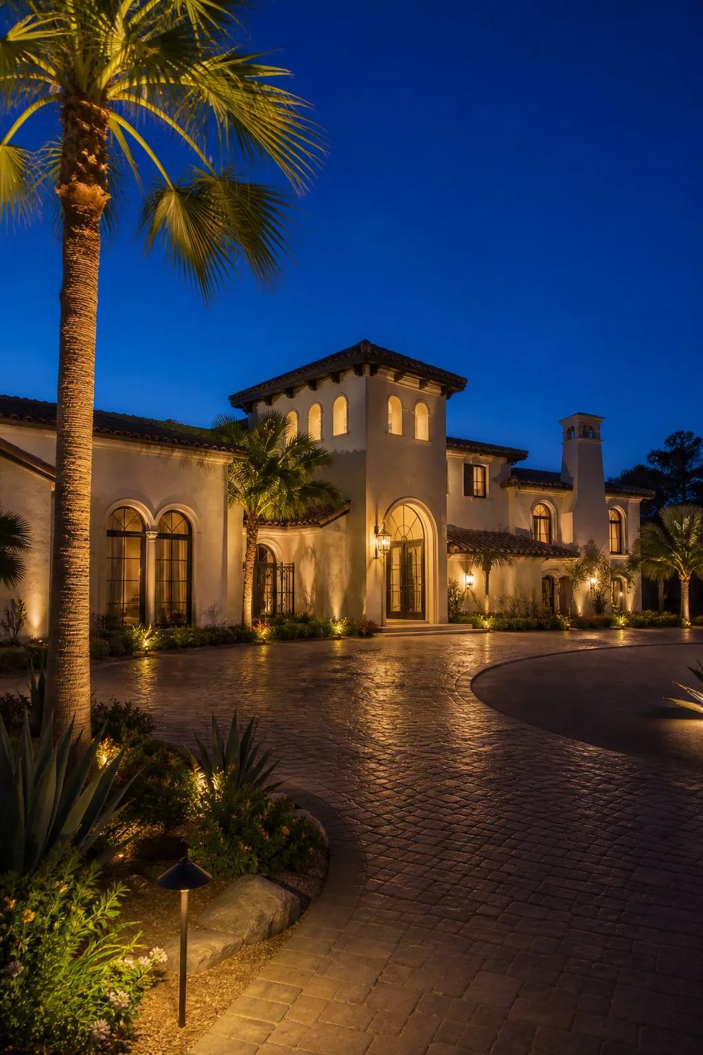 Paver driveway with uplit palms and a lit elevation