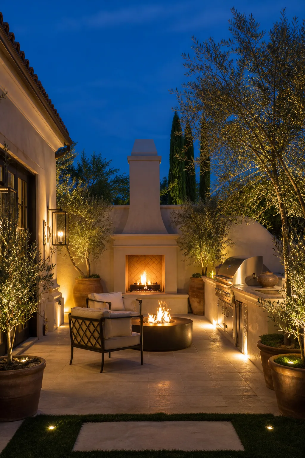 Courtyard with a lit outdoor fireplace, fire table, and grill