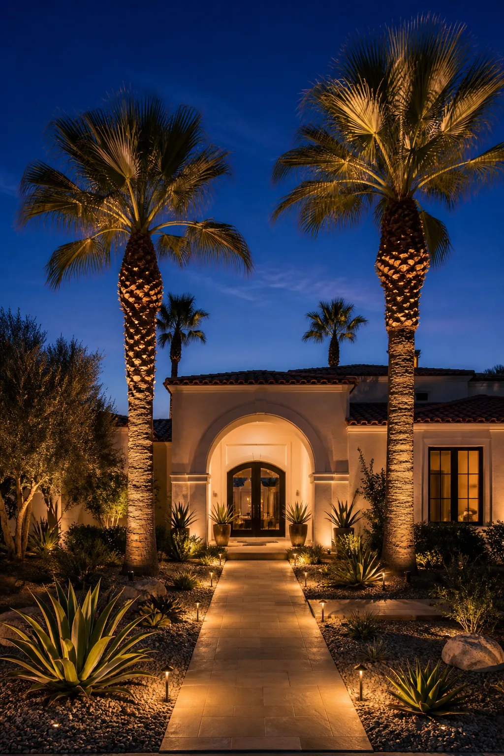 Uplit palms flanking a lit front walk and arched entry