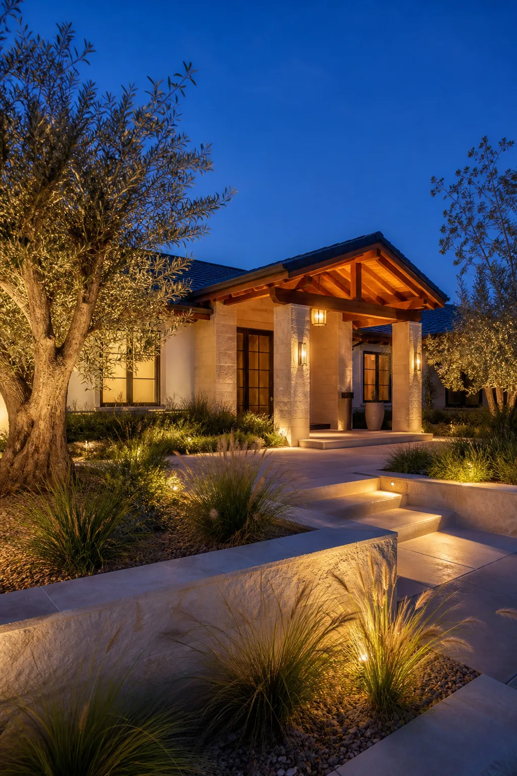 Stone porch columns and timber beams washed with light