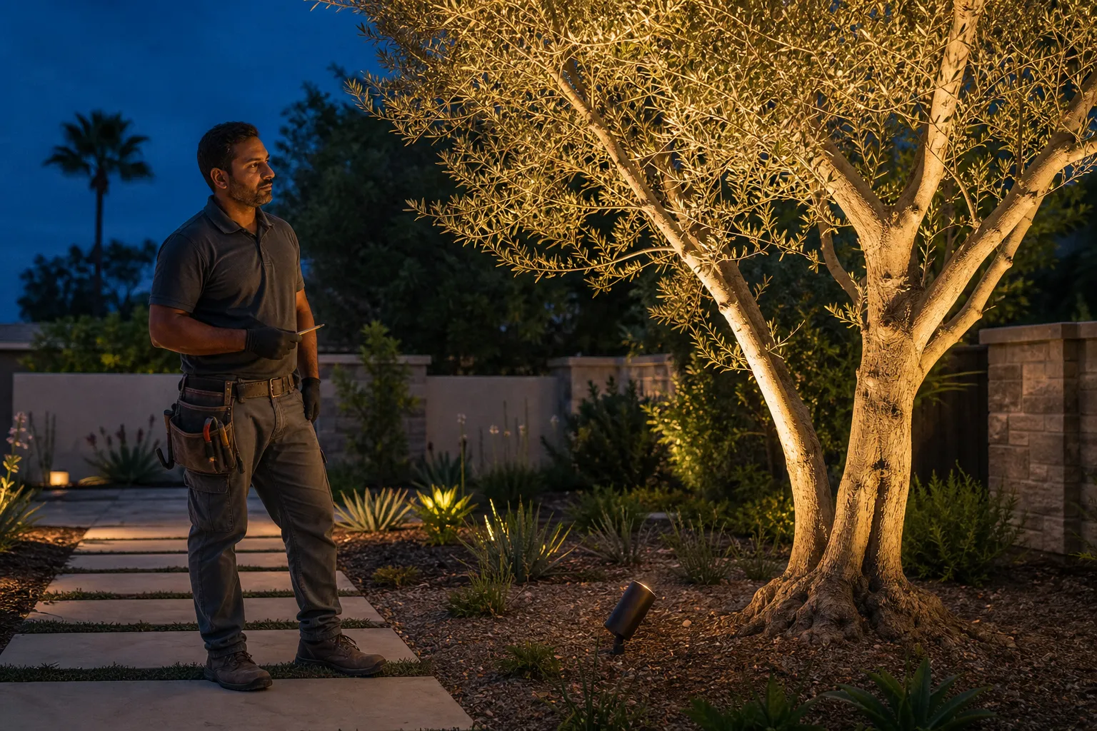 Technician checking the aim of a tree uplight after dark