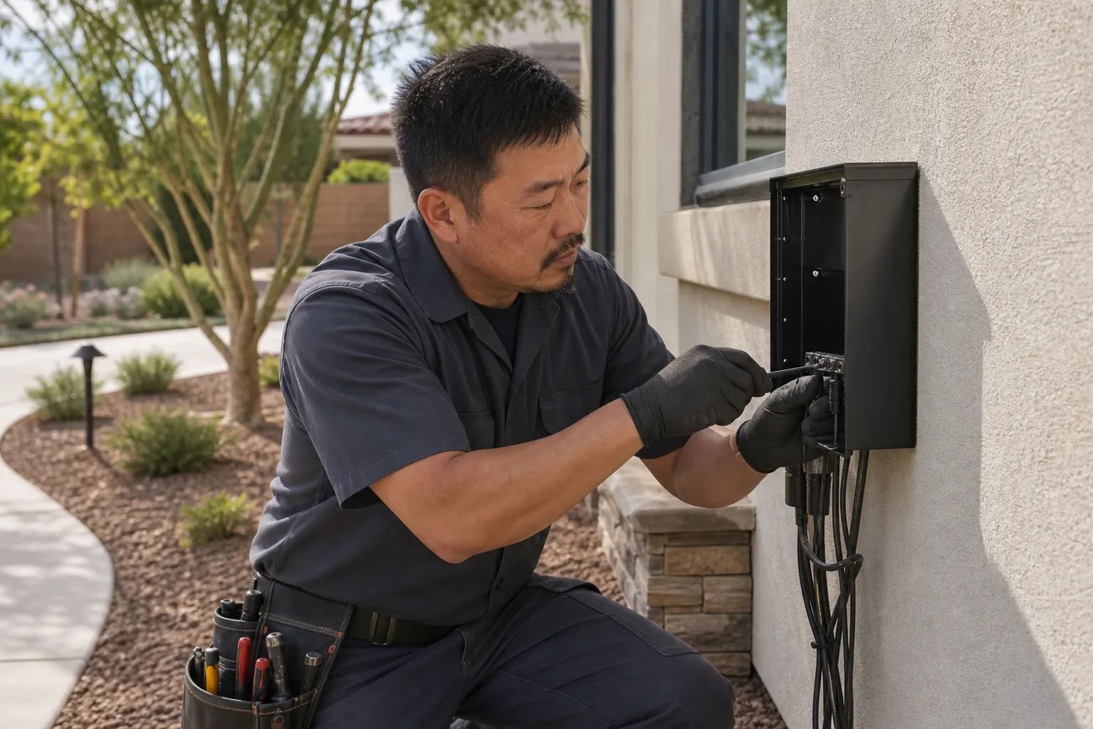 Technician landing a lighting zone on a wall-mounted low-voltage transformer
