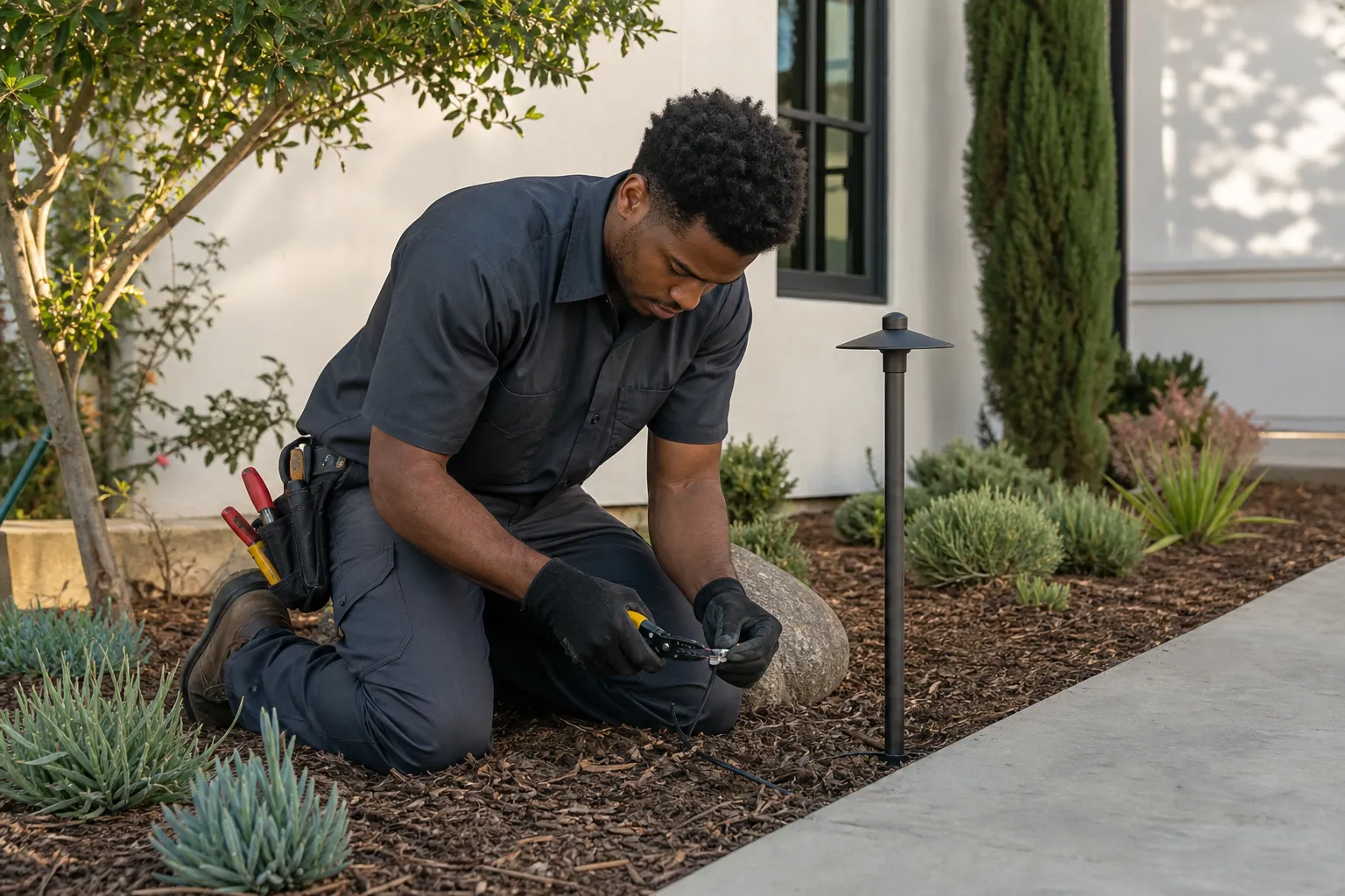 Technician making a waterproof splice on low-voltage cable beside a path light