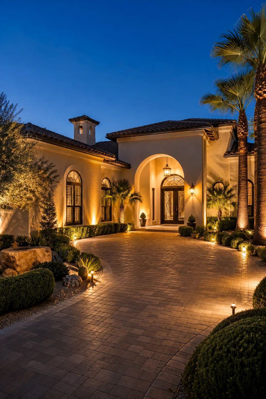 Paver driveway and arched entry lit with uplights and path lights